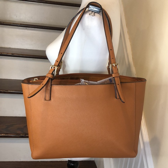 TORY BURCH Saffiano Leather Shoulder Bag Brown Leather Tote Bag Medallion Lining - Picture 5 of 17